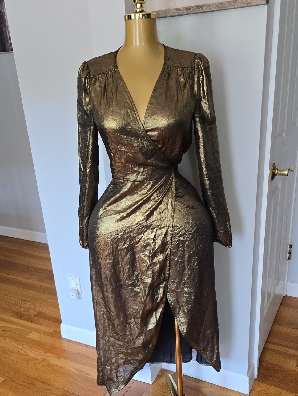 Metallic Bronze Wrap Midi Dress - Women's